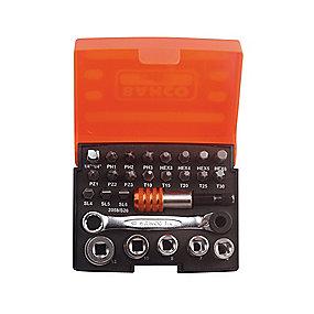 bitsholder 1 og adaptor 1 bitsskralde 1 toppe 5 bits 18 indeholder dele 26 med bitsst top- mini s26 2058 bahco