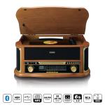 højttalere indbyggede og kassetteafspiller cd-afspiller usb-kodning fm-radio am bluetooth med træ i retro-pladespiller